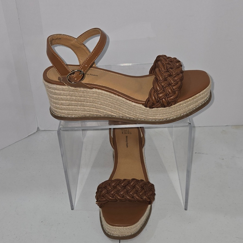 Time and Tru Womens Brown Braided Espadrille Wedge Sandals Size 9 Memory Foam